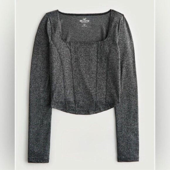 Hollister Square Neck Corset Shimmer Stretchy Metallic Fitted Blouse Top Large - Picture 1 of 6